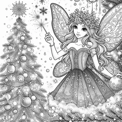 Coloriage d'une fée à couronne de feuillage tenant une baguette, devant un grand sapin chargé de boules, une boule en main