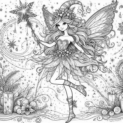 Coloriage : fée qui danse, baguette étoilée en main, robe de pétales, bonnet et couronne de baies, avec bougies et sapin