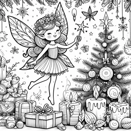 Dessin à colorier : fée qui danse en tenant une baguette étoilée, avec sapin décoré, cadeaux, bougies et étoiles