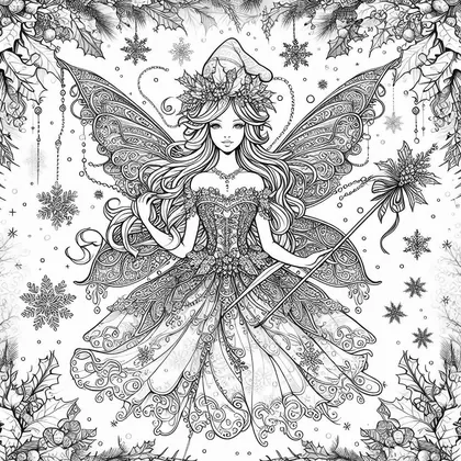 Coloriage d'une fée en robe à corset, bonnet pointu et baguette ornée de houx, entourée de flocons et de feuilles de houx
