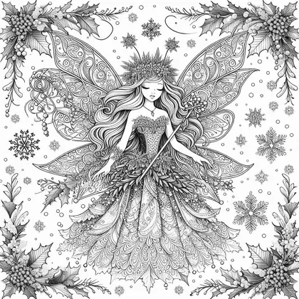Coloriage d'une fée aux yeux fermés, couronne de houx, grandes ailes à volutes et robe de feuillage, cadrée de houx