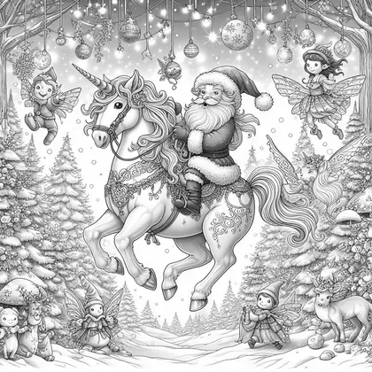 Coloriage du Père Noël à dos de licorne dans une forêt de sapins, avec petites fées ailées, un renne et des boules suspendues