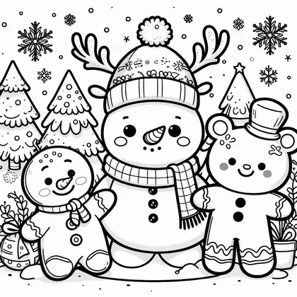 Coloriage d'un bonhomme de neige à bonnet et bois de renne, entre un biscuit bonhomme et un ourson en pain d'épice, devant des sapins