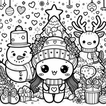 Coloriage d'un bonhomme de neige à chapeau étoilé, d'une fillette au grand bonnet fleuri de houx et d'un renne à écharpe, devant un sapin