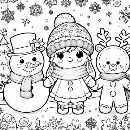 Planche à colorier avec un bonhomme de neige à haut-de-forme, une fillette à gros bonnet et écharpe et un biscuit renne, flocons suspendus