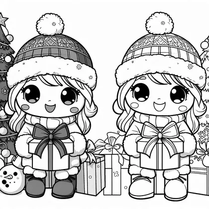 Coloriage de deux fillettes en bonnet à pompon et manteau à fourrure, chacune avec un cadeau, entre un sapin et un bonhomme de neige