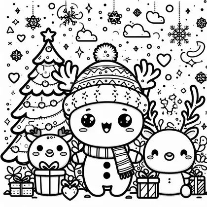 Coloriage : personnage rond à bonnet et bois de renne, entre deux petits rennes, devant un sapin, avec cadeaux, coeurs et nuages