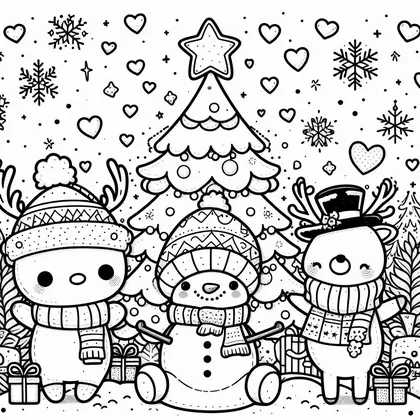 Dessin à colorier : trois personnages à écharpe, un bonhomme de neige au centre, un renne à haut-de-forme à droite, devant un sapin et des coeurs