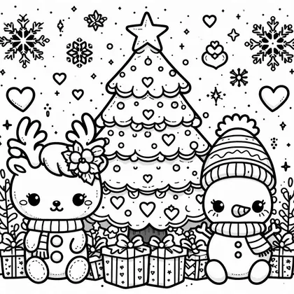 Coloriage d'un renne aux grands yeux et d'un bonhomme de neige à bonnet de part et d'autre d'un sapin à coeurs, cadeaux au pied