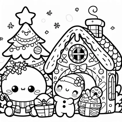 Dessin à colorier : sapin souriant à étoile, maison en pain d'épice à cheminée et deux petits personnages ronds avec cadeaux et canne à sucre