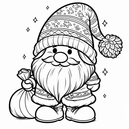 Coloriage d'un gnome de Noël à longue barbe et bonnet à motifs avec gros pompon, un petit sac de cadeaux à la main