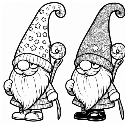 Planche à colorier avec deux gnomes barbus au grand bonnet recourbé, l'un étoilé, l'autre à motifs fins, qui tiennent un bâton à sucette