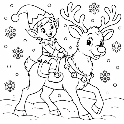 Coloriage d'un lutin à cheval sur un renne à nez rond et colliers de grelots, sous la neige et les flocons