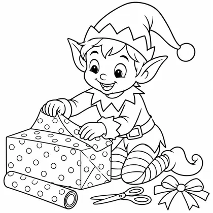 Coloriage d'un lutin à genoux qui emballe un cadeau dans du papier à pois, avec un rouleau de papier, des ciseaux et un nœud