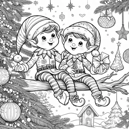 Coloriage de deux lutins assis sur une branche de sapin, avec boules, étoile, petit paquet et chalet enneigé en bas