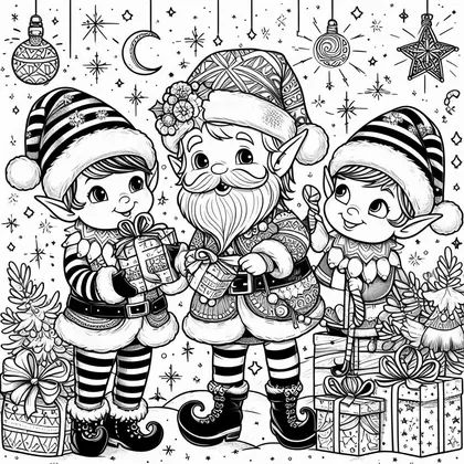 Planche à colorier avec deux lutins à bonnet rayé et un lutin barbu qui se passent des paquets cadeaux, sous les étoiles