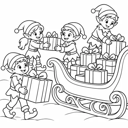 Coloriage : quatre lutins se passent des cadeaux pour les charger dans un traîneau