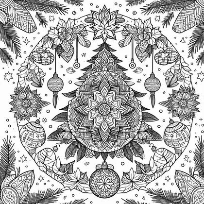 Coloriage : mandala circulaire autour d'un sapin à étoile, avec poinsettias, boules suspendues, branches et petites étoiles