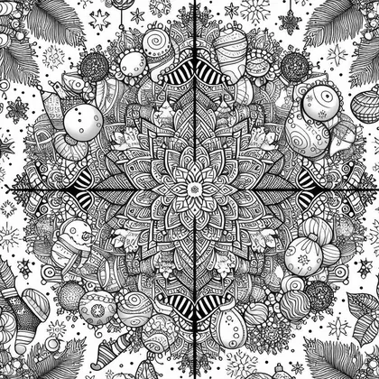 Coloriage : mandala très dense mêlant boules, chaussettes, bonhomme de neige et flocons, partagé en quatre par deux traits noirs