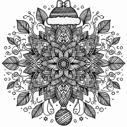 Dessin à colorier : mandala en fleur entouré de feuilles, surmonté d'une boule à noeud et bordure de fourrure, boule en bas