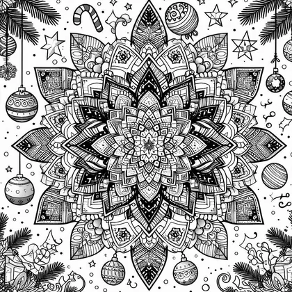 Dessin à colorier : grand mandala à pétales graphiques entouré de boules suspendues, d'étoiles, d'une canne à sucre et de branches