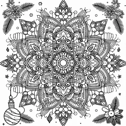 Coloriage : mandala symétrique à pétales géométriques, avec branches de sapin dans les coins et une boule suspendue en bas à gauche
