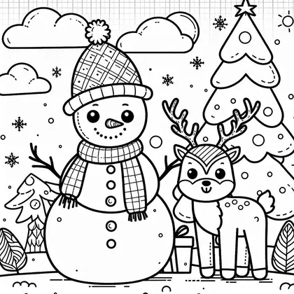 Coloriage d'un bonhomme de neige en bonnet et écharpe à carreaux, à côté d'un petit renne, d'un sapin à étoile et de nuages