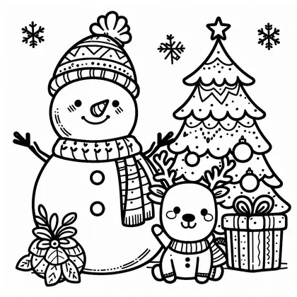 Coloriage d'un bonhomme de neige en bonnet et écharpe, d'un petit renne en pull, d'un sapin décoré et d'un paquet cadeau