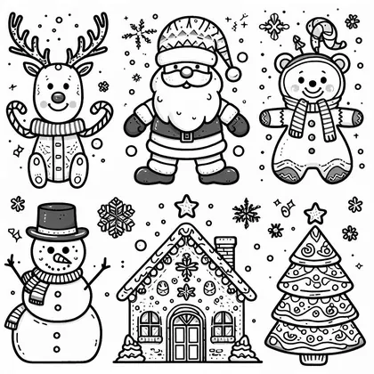 Planche à colorier de six dessins : renne, Père Noël, ourson en pain d'épice, bonhomme de neige, maison en pain d'épice et sapin
