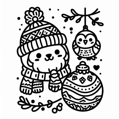 Dessin à colorier : ourson en bonnet, écharpe et moufles, à côté d'une grosse boule à motifs et d'une chouette suspendue