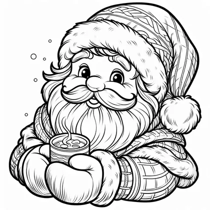 Coloriage : gros plan du Père Noël en bonnet qui tient une tasse fumante entre ses moufles