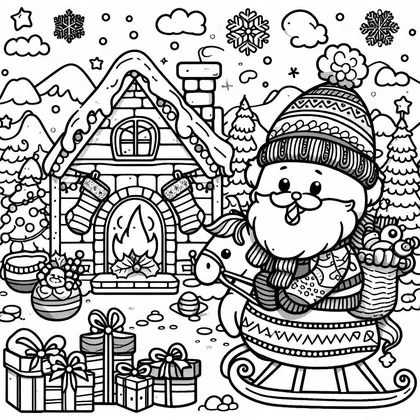 Coloriage du Père Noël en bonnet tricoté sur un traîneau tiré par un poney, devant une cabane avec cheminée et cadeaux