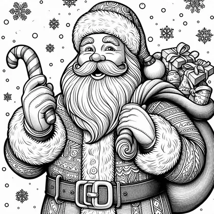 Planche à colorier : Père Noël à la canne à sucre, sac plein de cadeaux sur l'épaule, ceinture et flocons