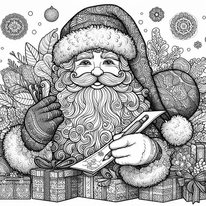 Dessin à colorier : Père Noël écrivant une lettre, entouré de cadeaux, de feuillages et de rosaces à motifs
