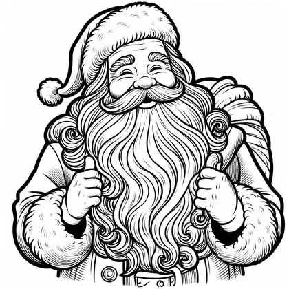 Coloriage : Père Noël hilare aux mains sur sa longue barbe bouclée, bonnet à pompon et sac sur l'épaule