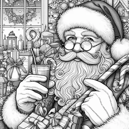 Planche à colorier : Père Noël à lunettes rondes levant un verre à paille, entouré de cadeaux, bougies et cannes à sucre