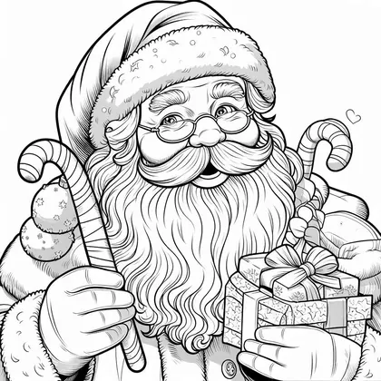 Dessin à colorier : Père Noël à lunettes tenant deux cannes à sucre et un paquet cadeau noué d'un ruban
