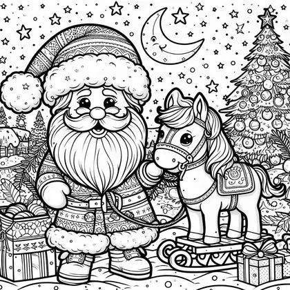 Coloriage : le Père Noël mène un poney sur un petit traîneau, sous la lune, près d'un sapin décoré et de cadeaux