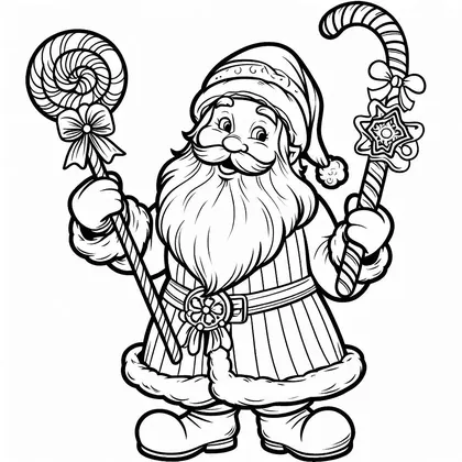 Coloriage du Père Noël en pied tenant une sucette ornée d'un nœud et une canne à sucre décorée d'une étoile