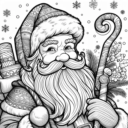 Dessin à colorier : Père Noël de profil, bonnet à motifs, canne en volutes, hotte et branches de houx