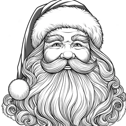 Coloriage : visage du Père Noël en gros plan, bonnet à pompon et longue barbe bouclée
