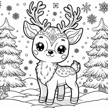 Coloriage : un jeune renne aux grands yeux debout dans la neige, entre deux sapins et sous des flocons