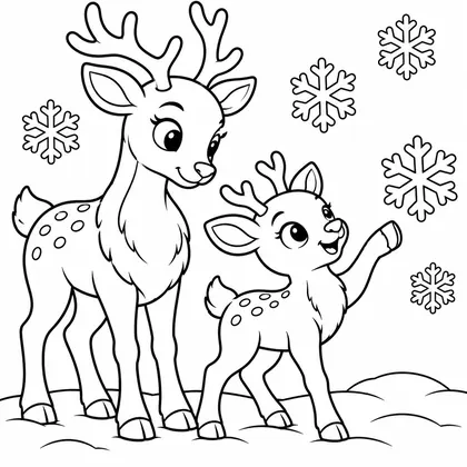 Planche à colorier d'un renne adulte et d'un renneau tacheté qui tend un sabot vers les flocons de neige