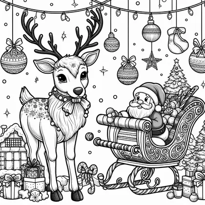 Coloriage : un renne à collier de perles près d'un traîneau où le Père Noël est assis, sous des boules suspendues