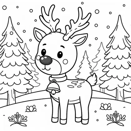 Dessin à colorier : un renne debout avec un grelot au cou, au milieu de sapins enneigés et de flocons