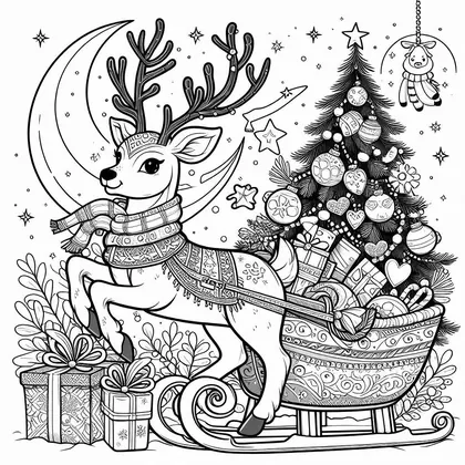 Coloriage d'un renne à écharpe qui saute devant un traîneau chargé de cadeaux, avec un sapin décoré, une lune et des étoiles