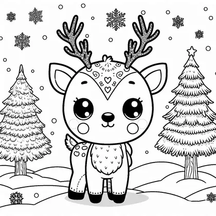 Dessin à colorier : un renne à grosse tête ronde et aux bois pailletés, debout entre deux sapins sur la neige