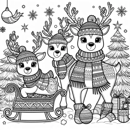 Dessin à colorier : trois rennes en bonnets et écharpes tricotés, dont un dans un traîneau, entre sapins et cadeaux