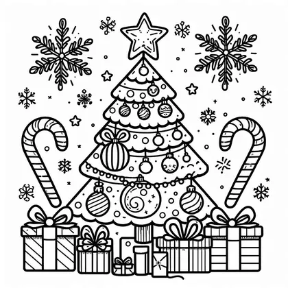 Coloriage : un sapin à boules et guirlande de perles, flanqué de deux grandes cannes à sucre et de cadeaux alignés