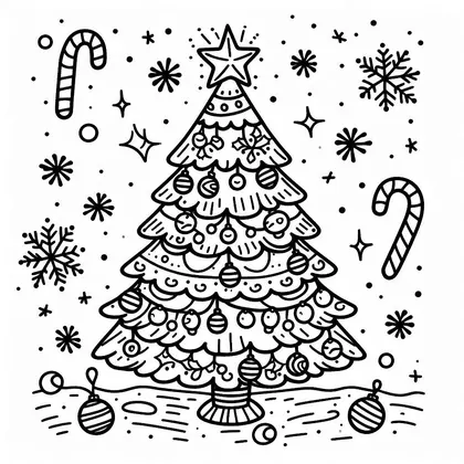 Planche à colorier avec un sapin à boules rayées et étoile, entouré de cannes à sucre, de flocons et de boules posées au sol
